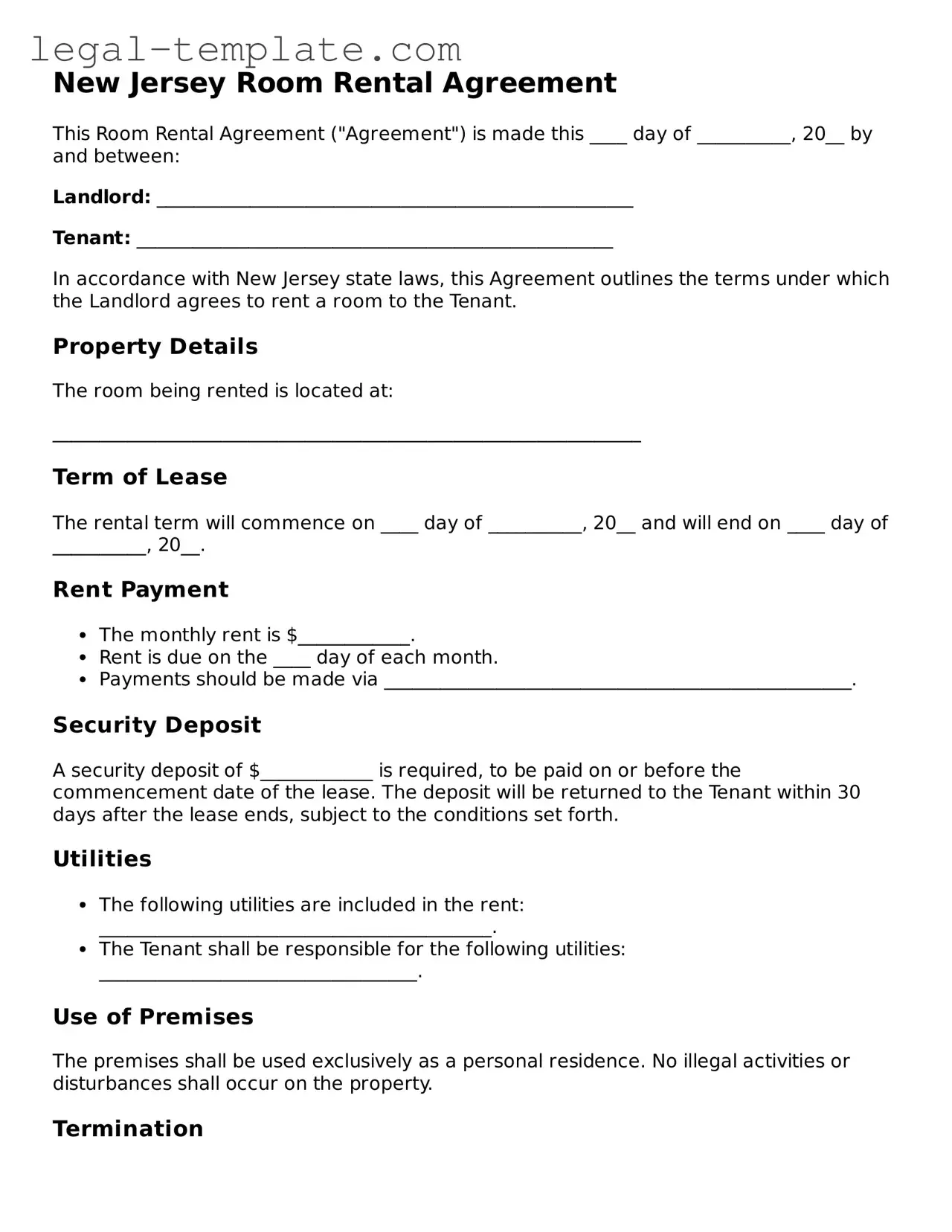 Room Rental Agreement Form for New Jersey State