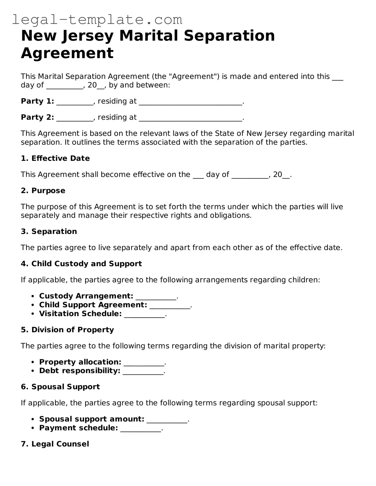 Marital Separation Agreement Form for New Jersey State