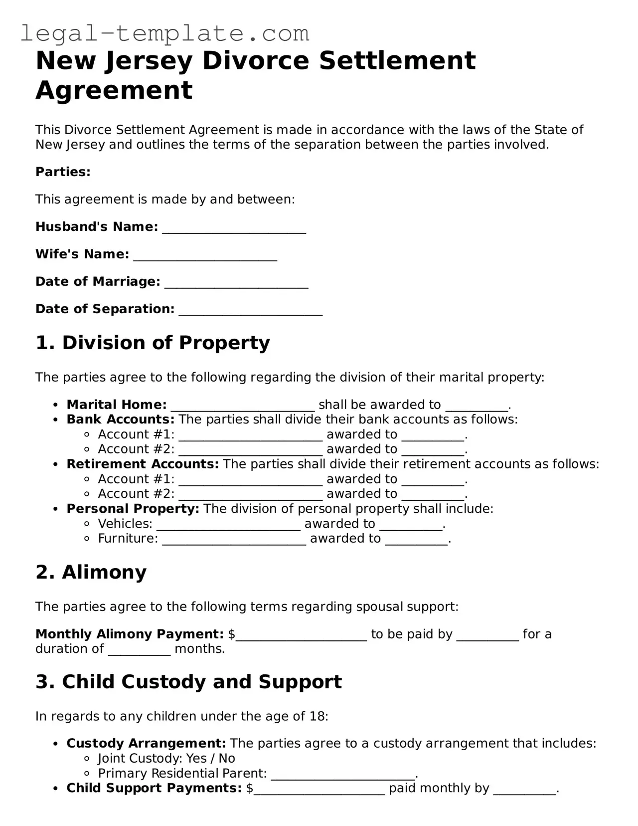Divorce Settlement Agreement Form for New Jersey State