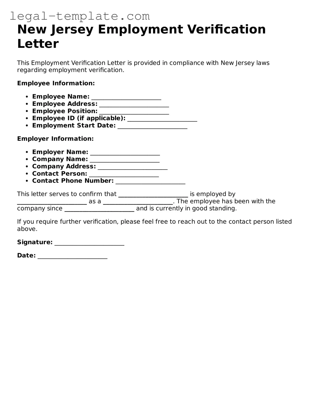 Employment Verification Form for New Jersey State
