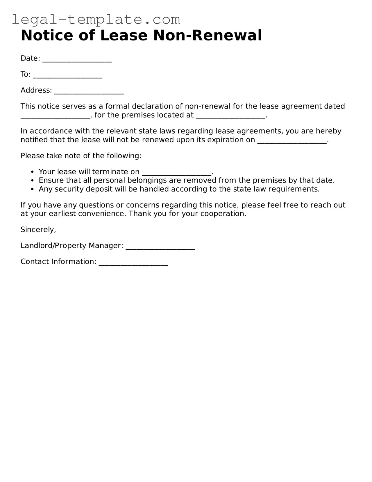 Printable Notice of Lease Non-Renewal Template