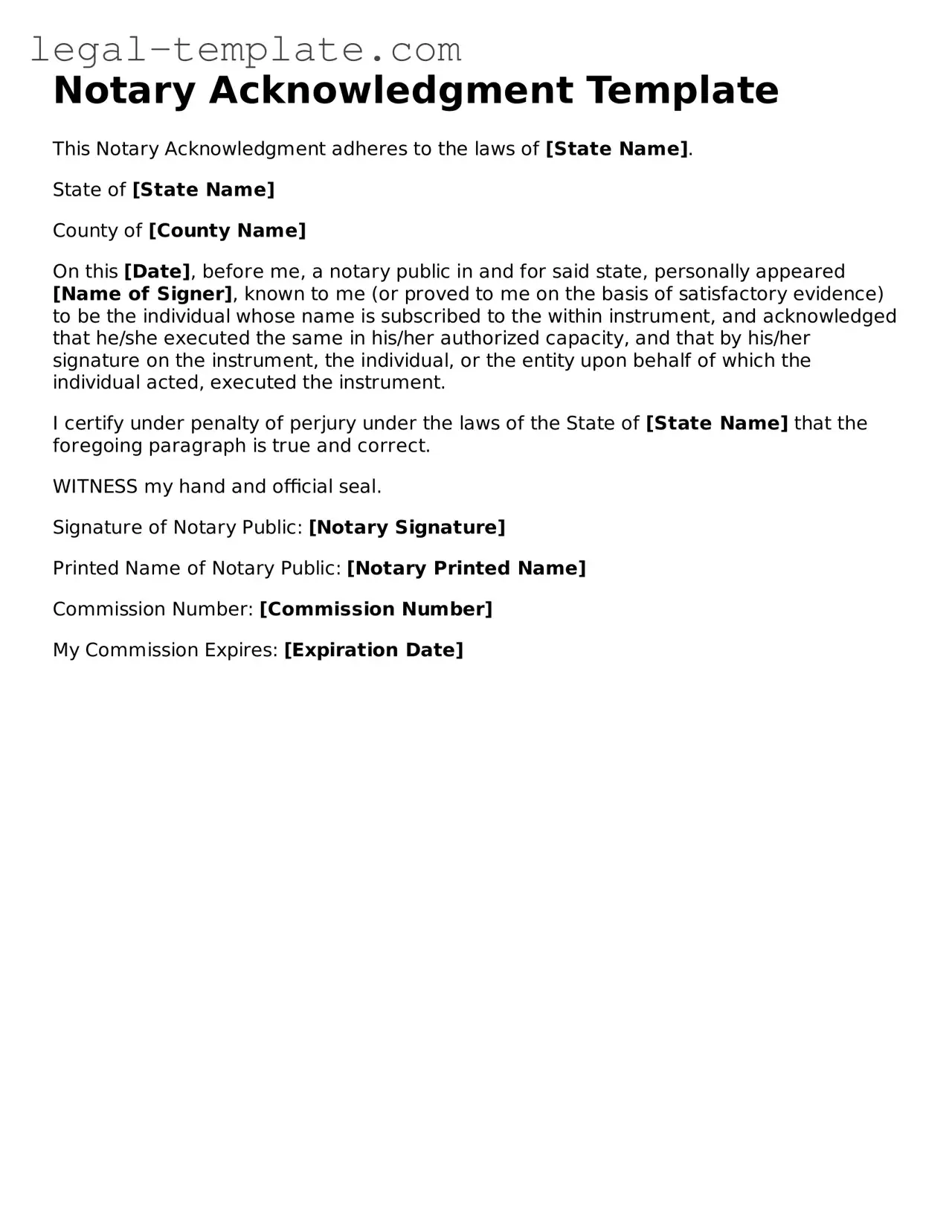Printable Notary Acknowledgement Template