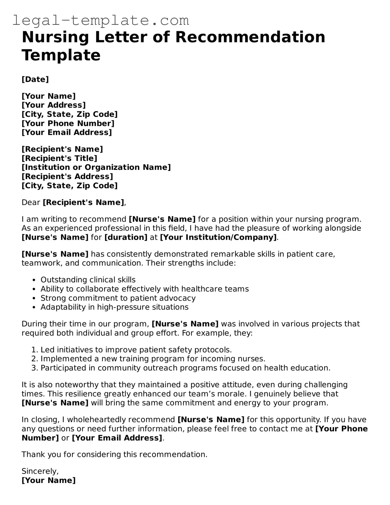 Printable Nursing Letter of Recommendation Template