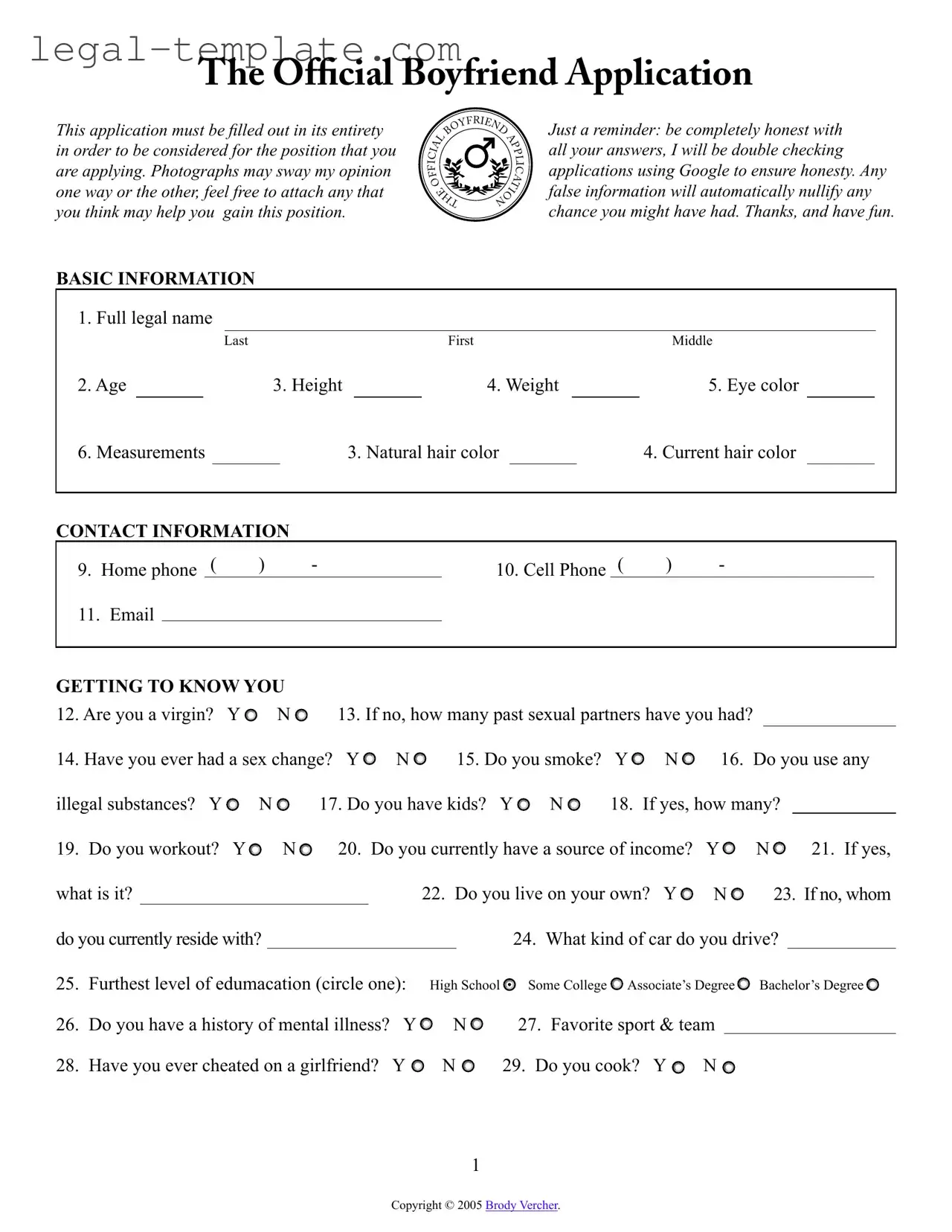 Free Boyfriend application form Template in PDF