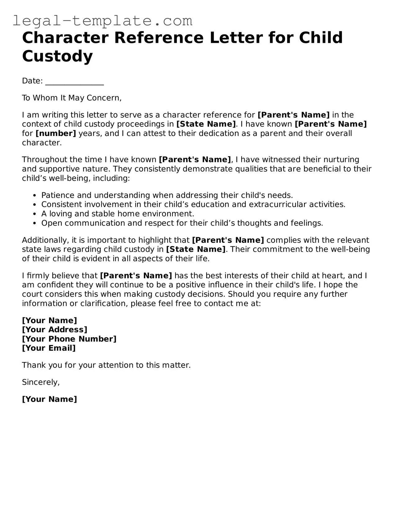 Printable Character Reference Letter for Child Custody Template