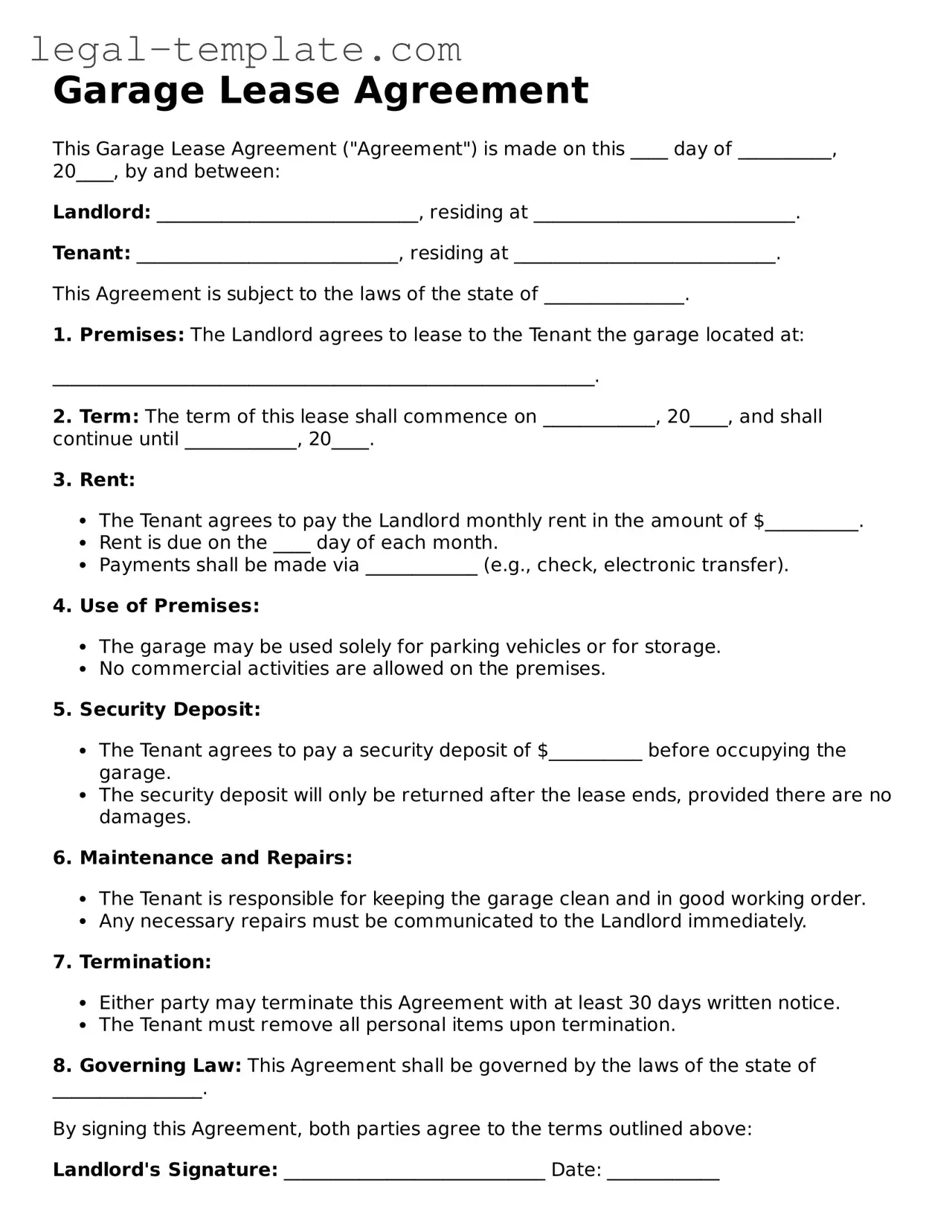 Printable Garage Lease Agreement Template