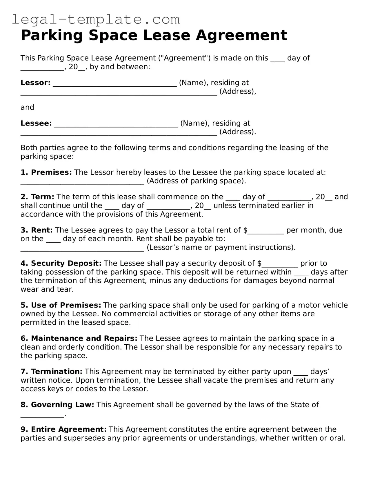 Printable Parking Space Lease Agreement Template