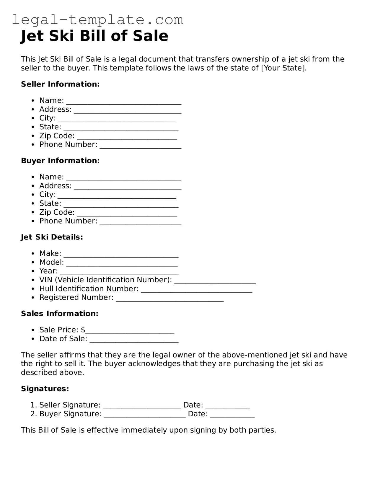 Printable Jet Ski Bill of Sale Template