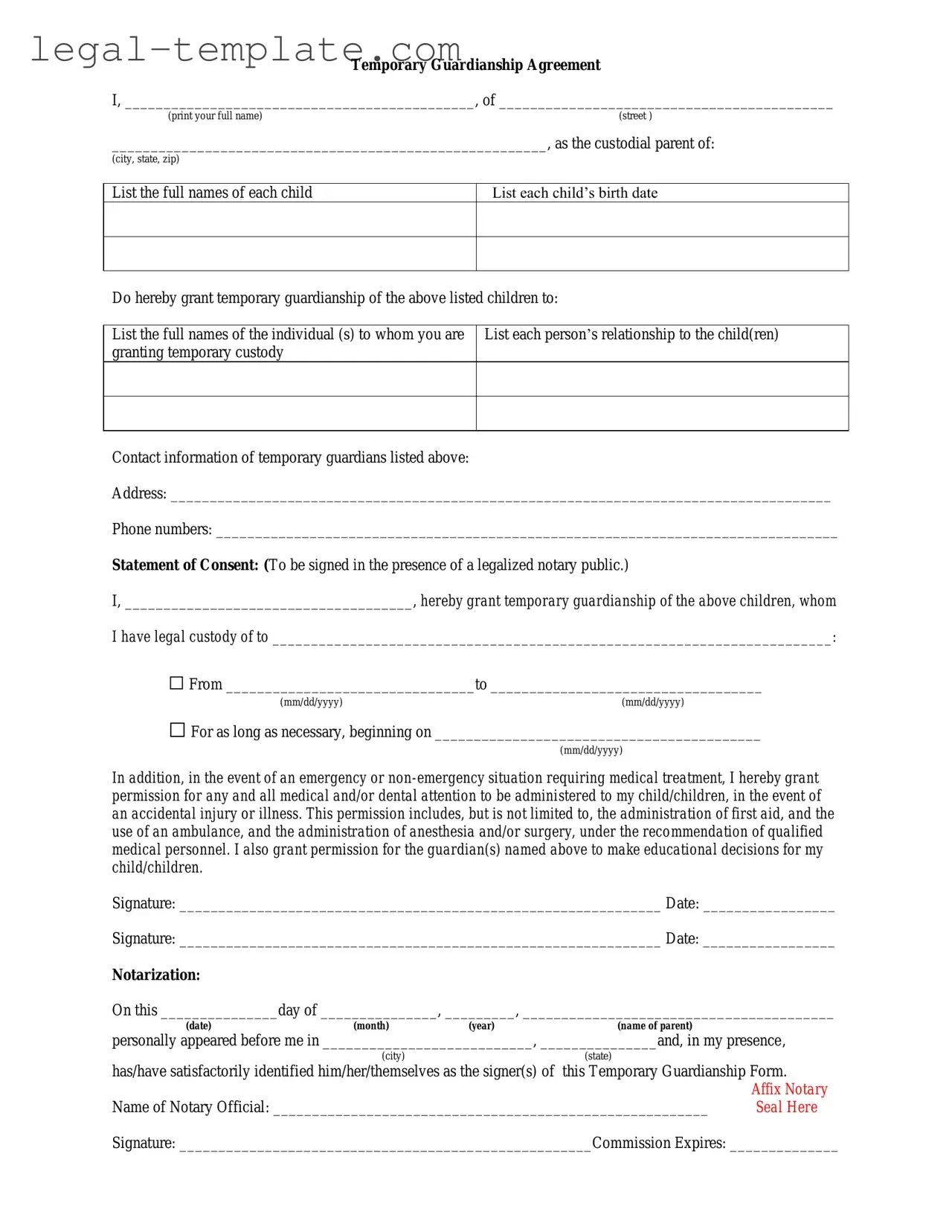 Free Temporary Custody Template in PDF