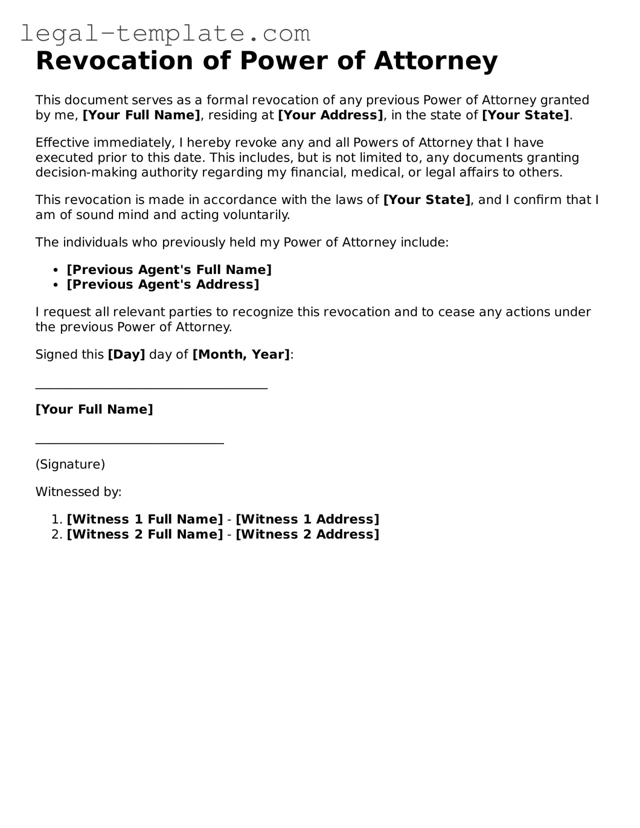 Printable Revocation of Power of Attorney Template