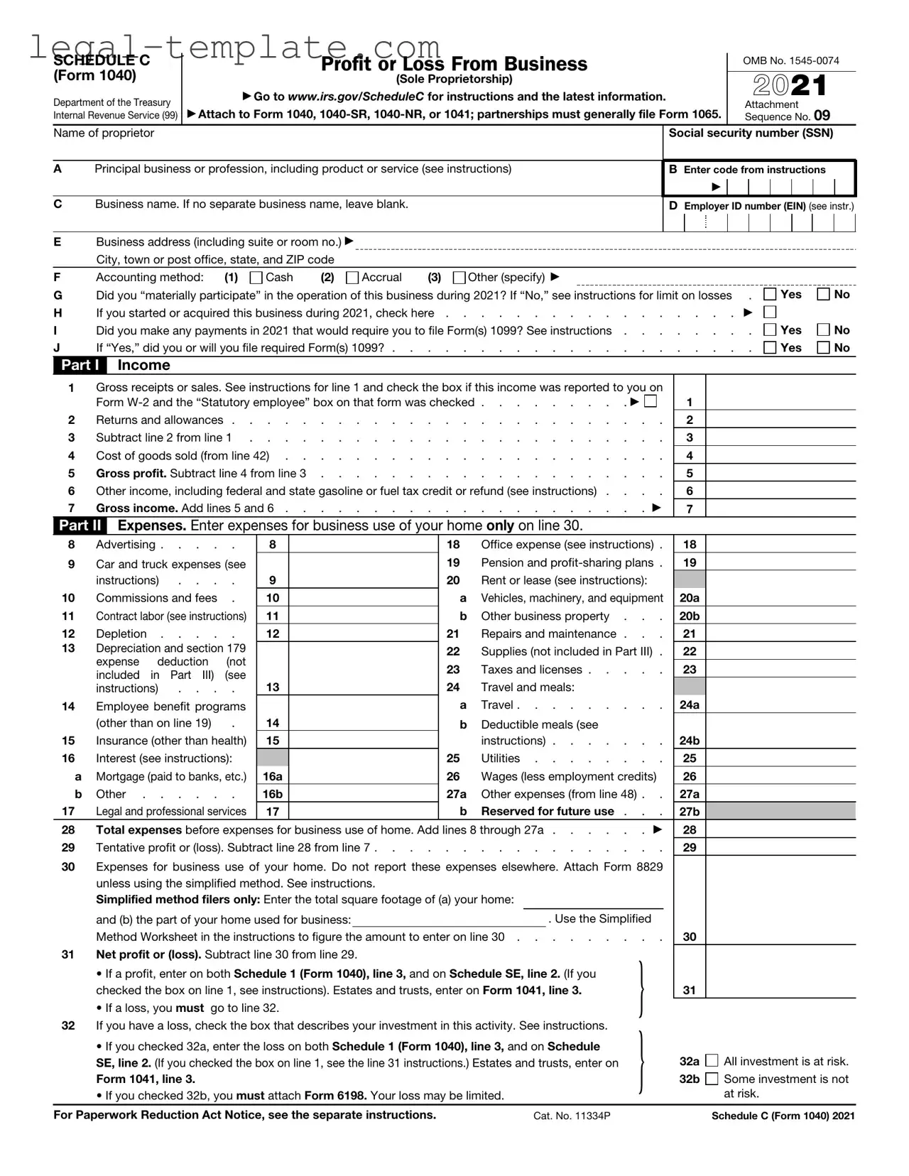 Free IRS Schedule C 1040 Template in PDF