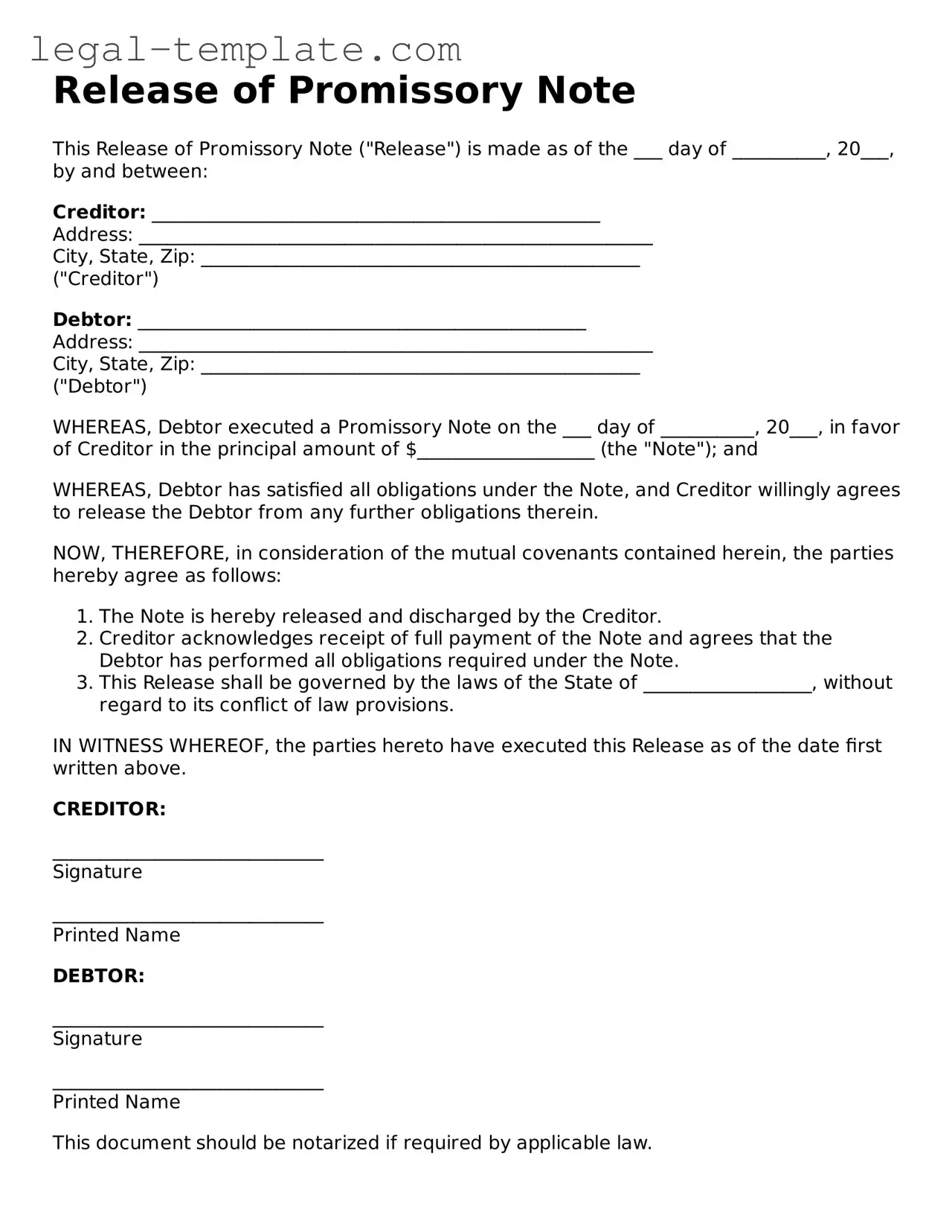 Printable Release of Promissory Note Template