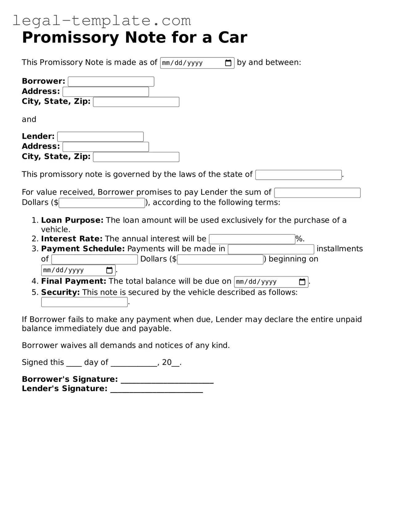 Printable Promissory Note for a Car Template