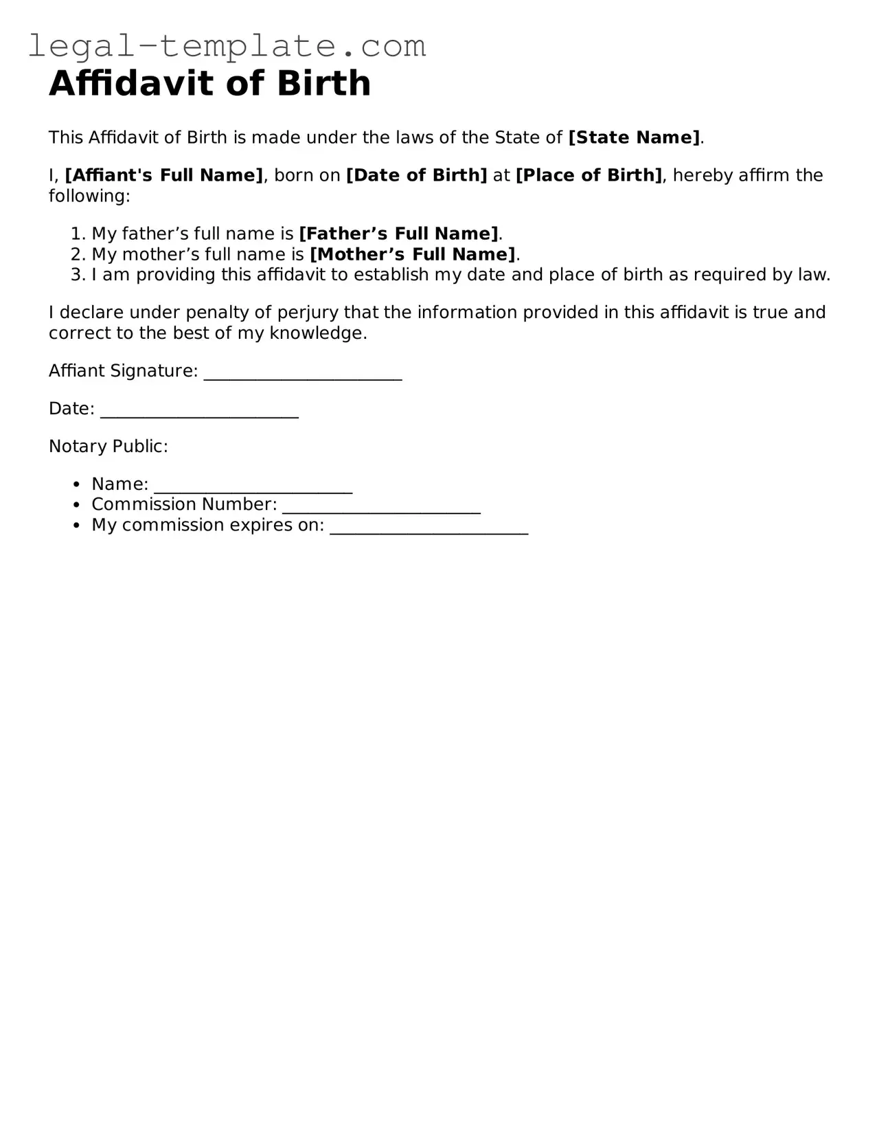 Printable Affidavit of Birth Template