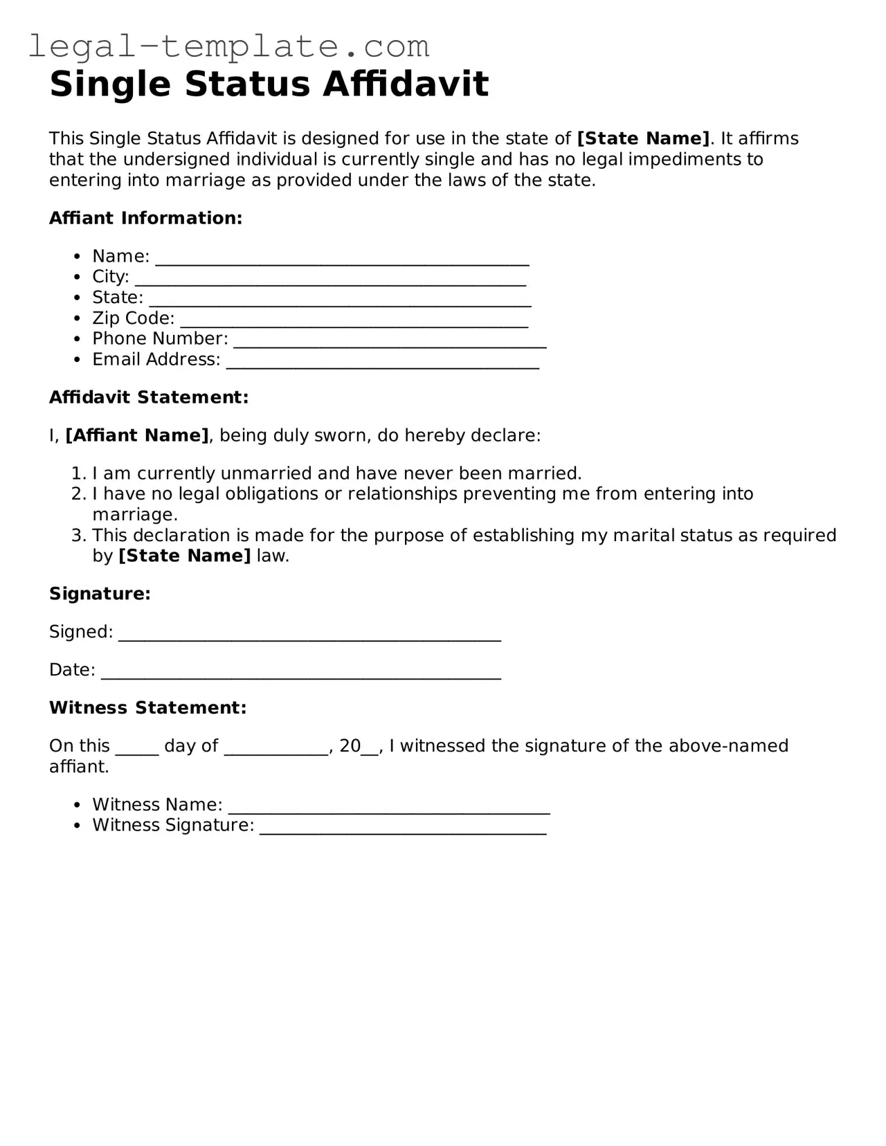 Printable Single Status Affidavit Template
