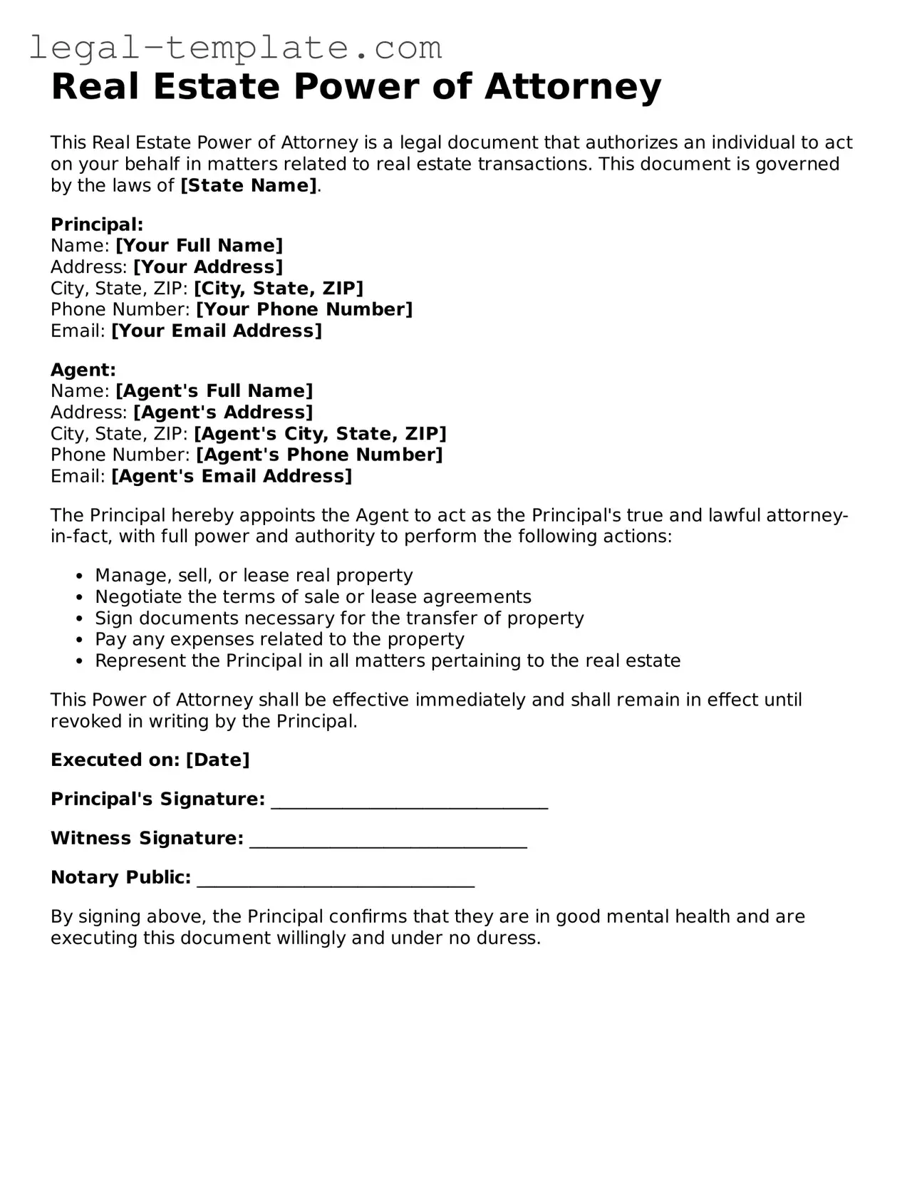 Printable Real Estate Power of Attorney Template