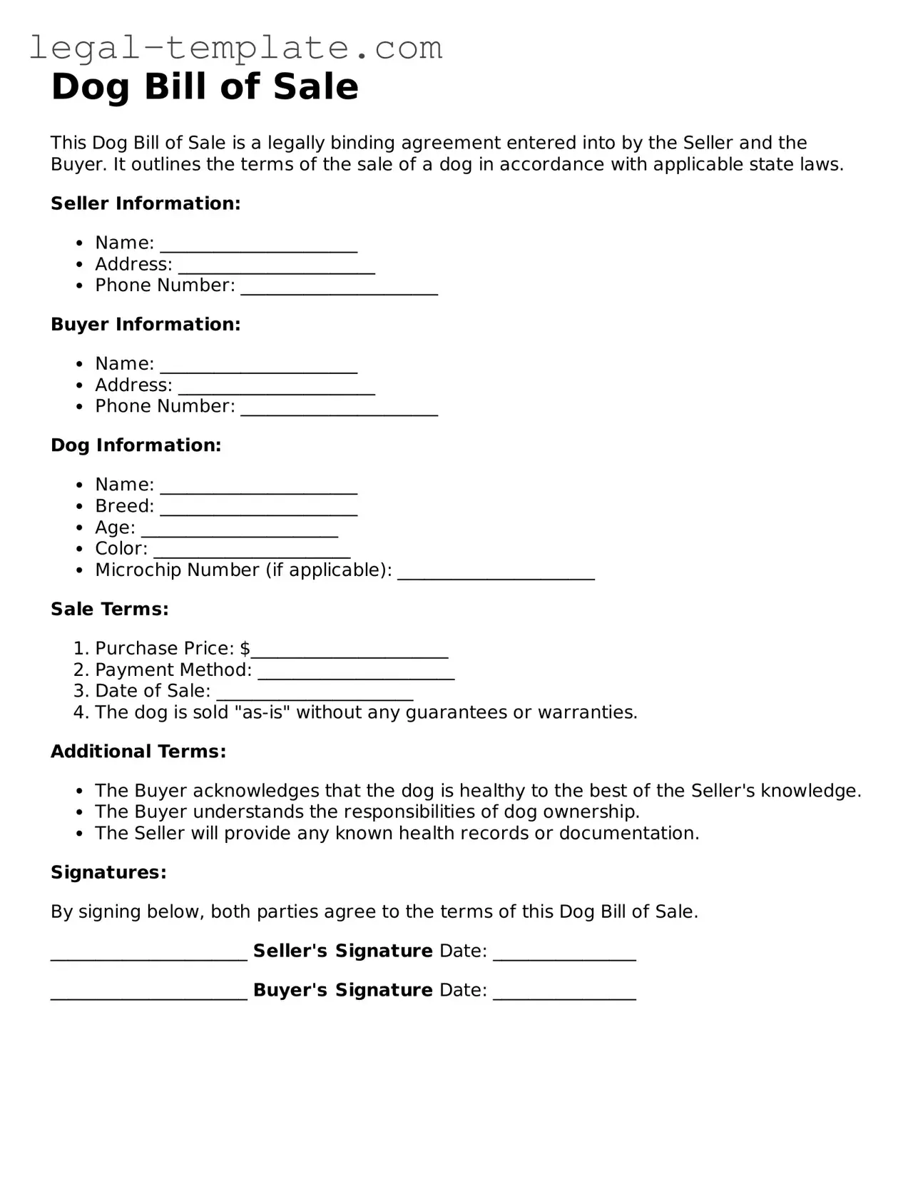 Printable Dog Bill of Sale Template