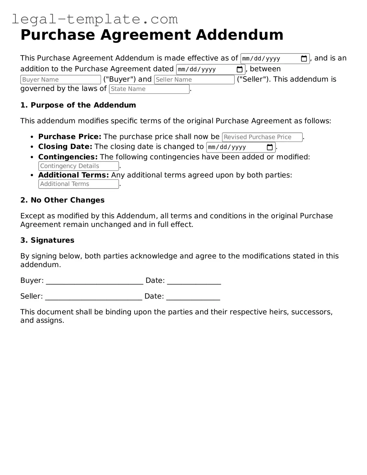 Printable Purchase Agreement Addendum Template