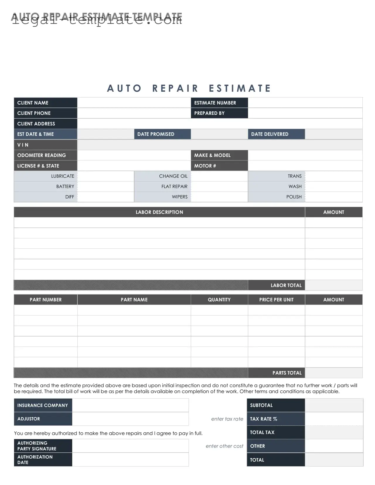 Free Auto Repair Estimate Template in PDF