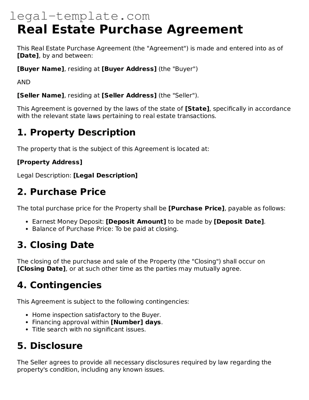 Printable Real Estate Purchase Agreement Template