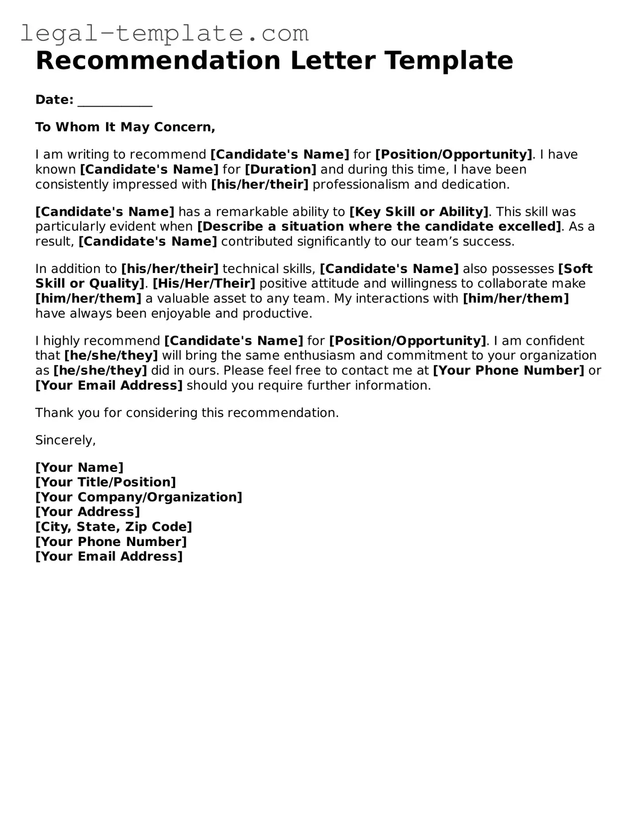 Printable Recommendation Letter Template