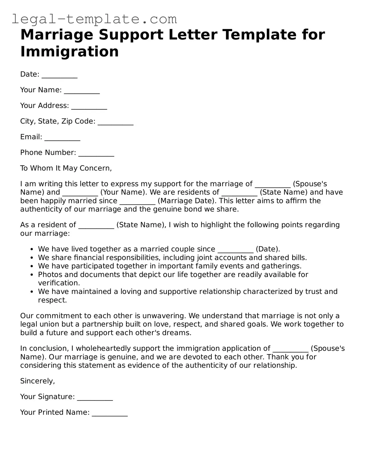 Printable Marriage Support Letter for Immigration Template