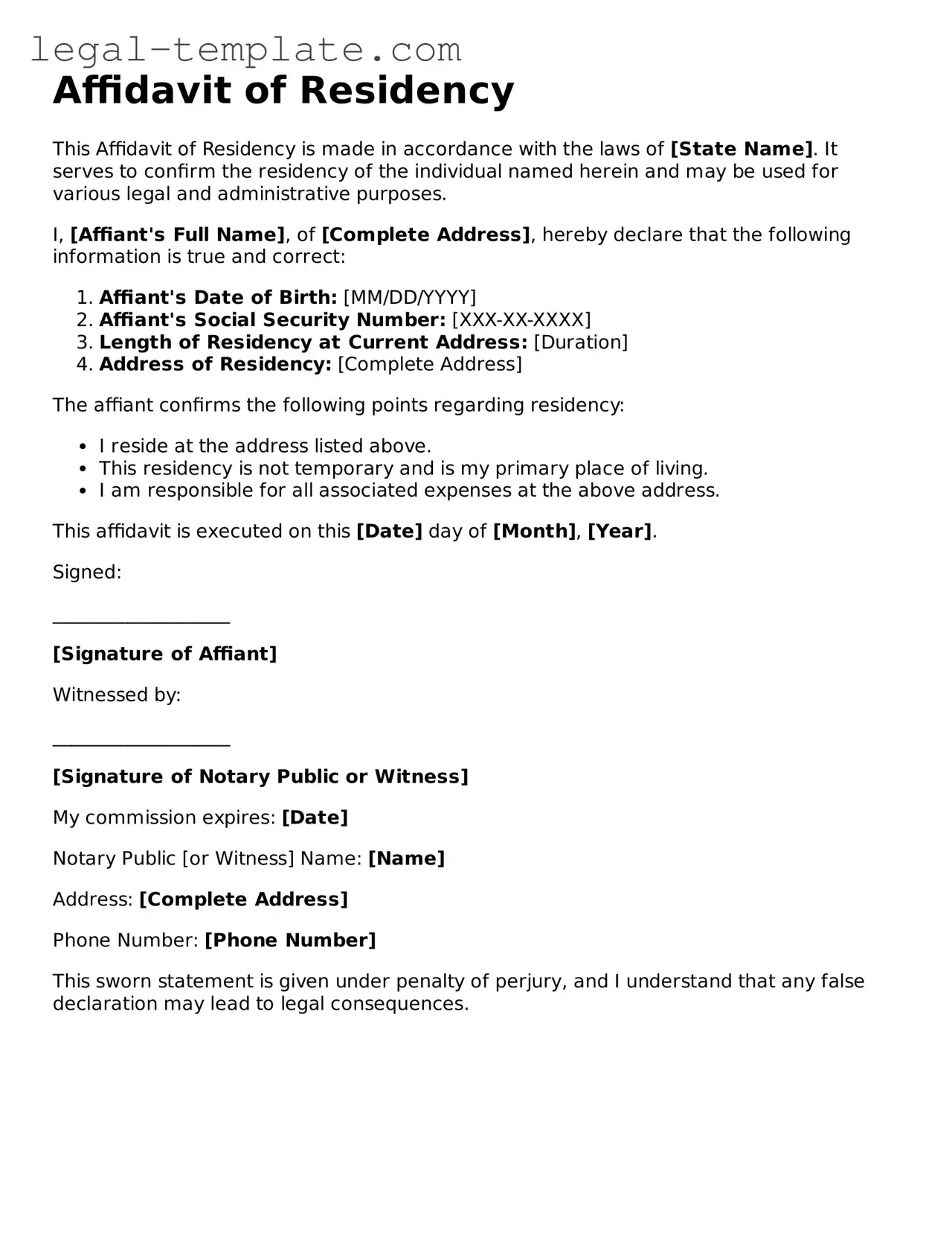 Printable Affidavit of Residency Template