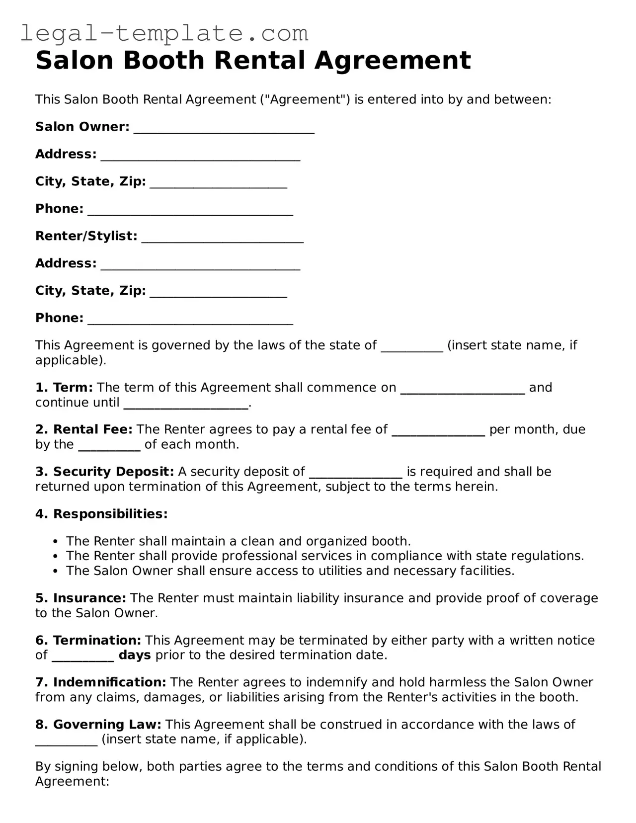 Printable Salon Booth Rental Agreement Template