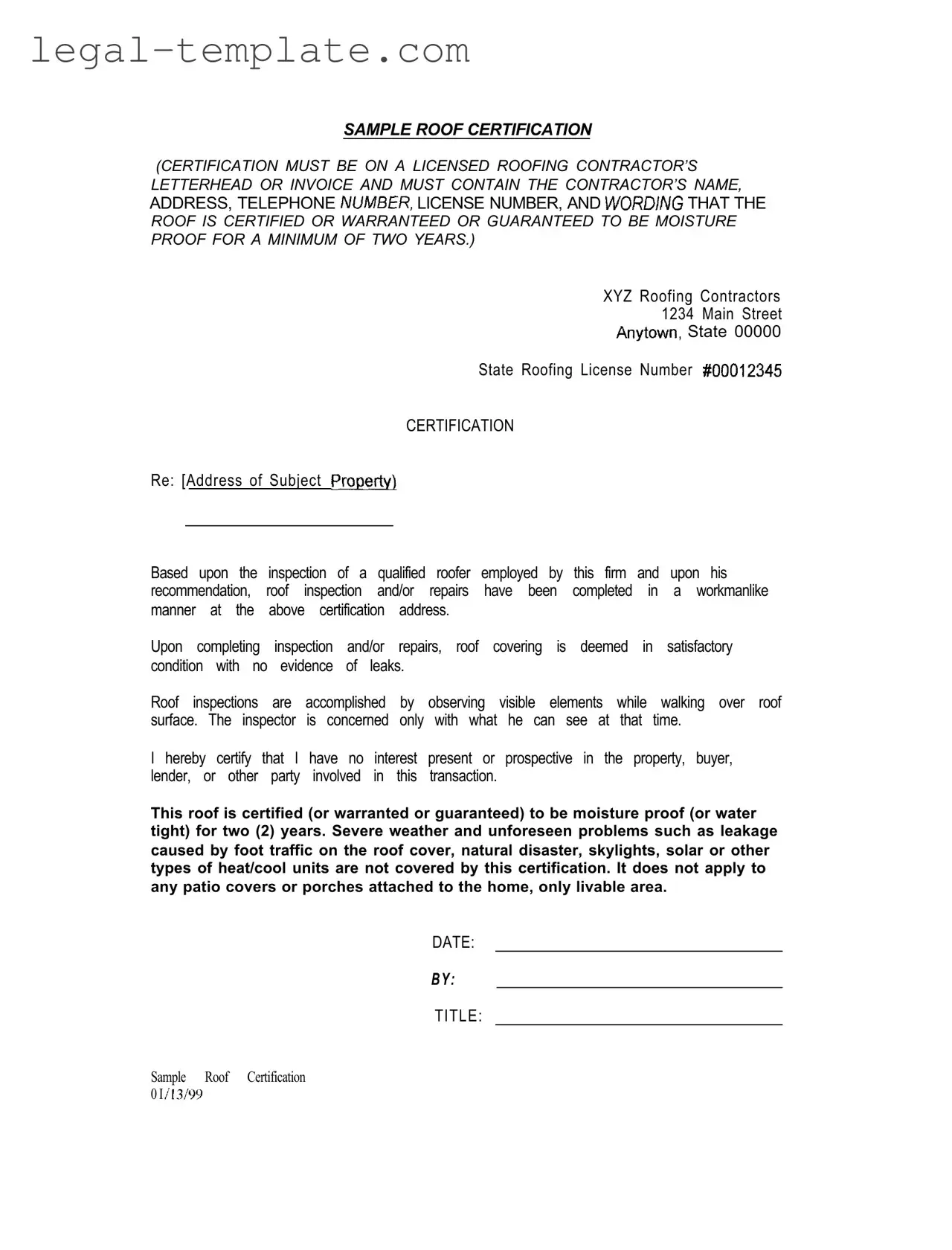 Free Sample Roof Certification Template in PDF