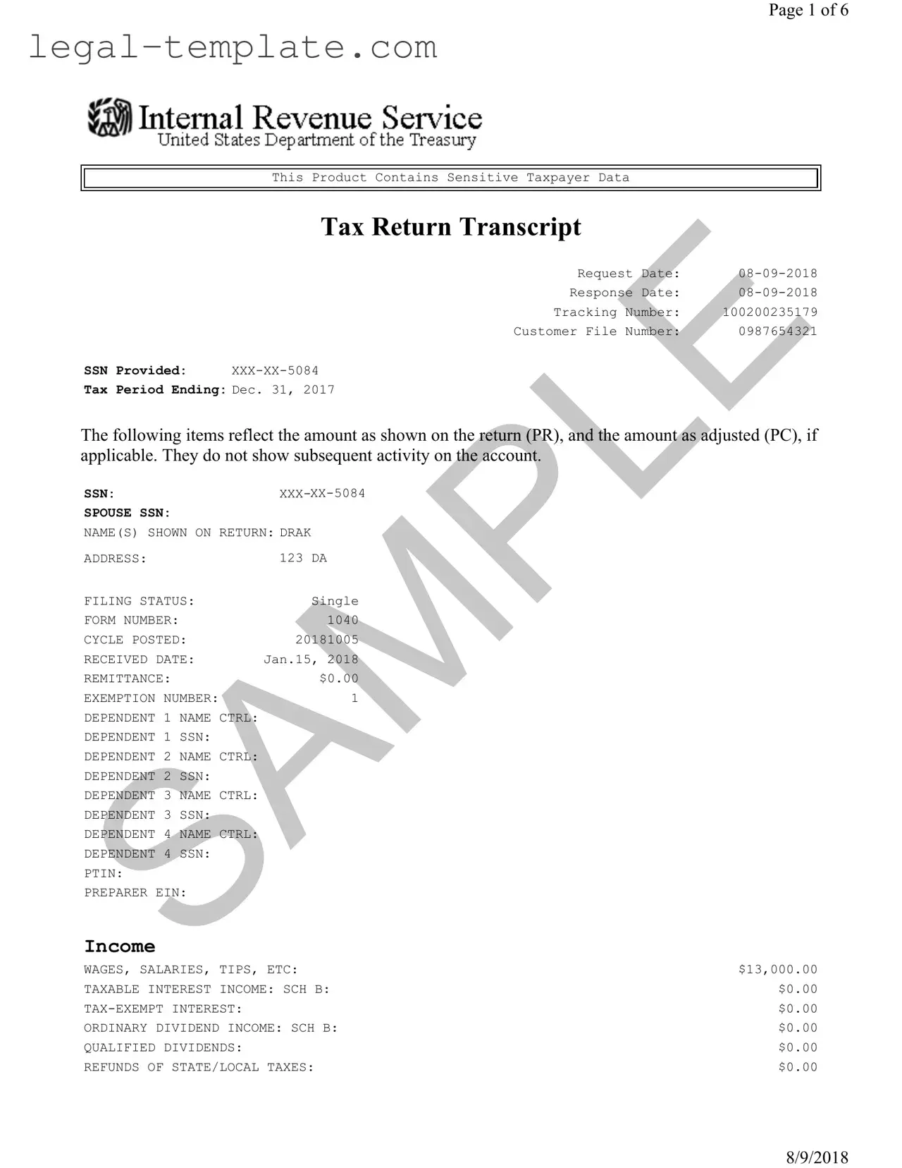 Free Sample Tax Return Transcript Template in PDF
