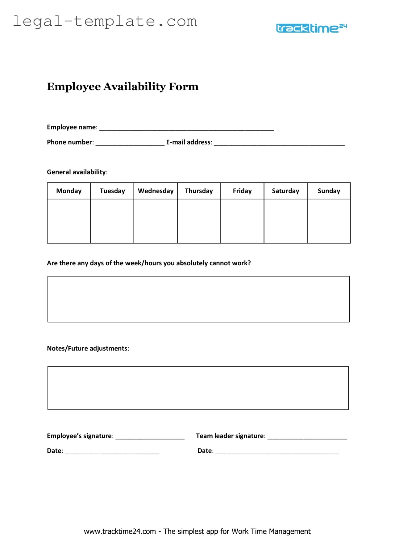 Free Employee Availability Template in PDF