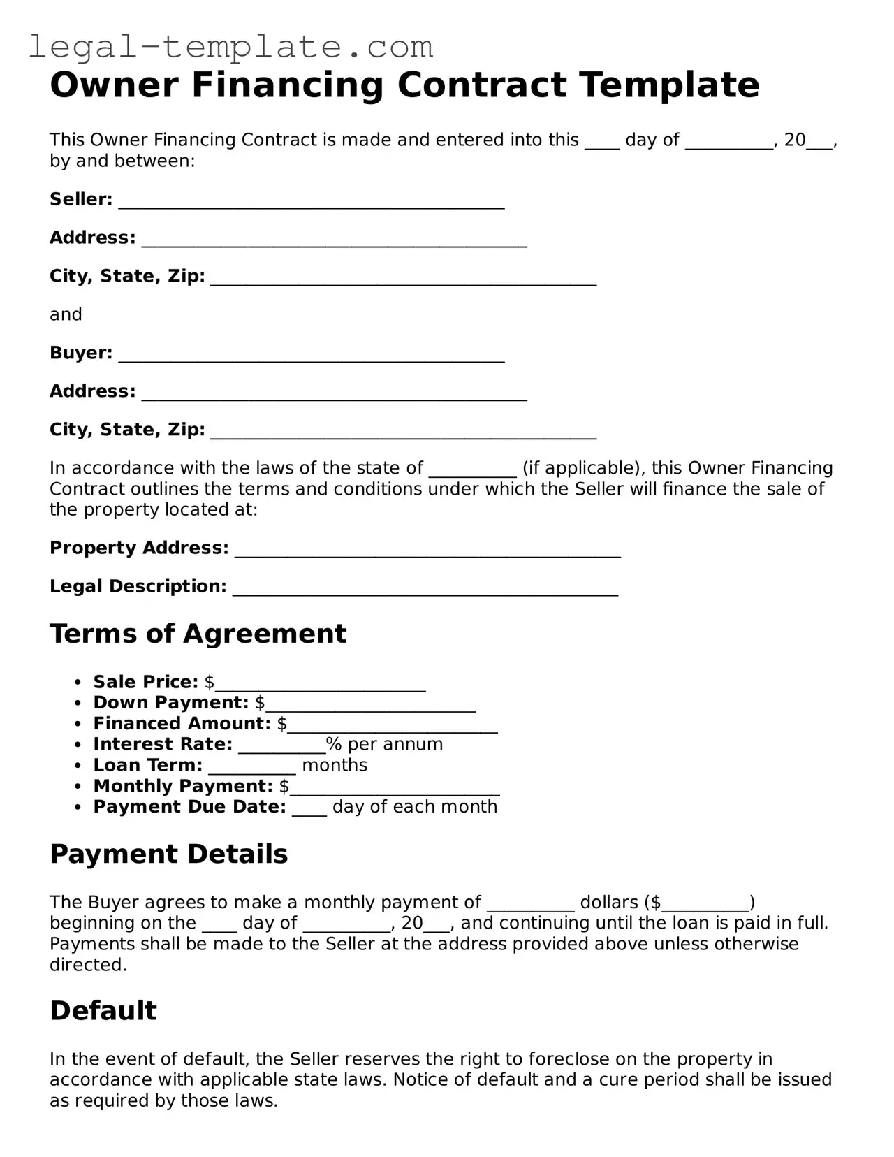 Printable Owner Financing Contract Template