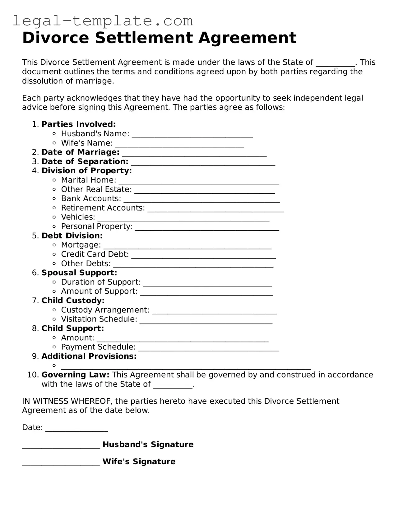 Printable Divorce Settlement Agreement Template