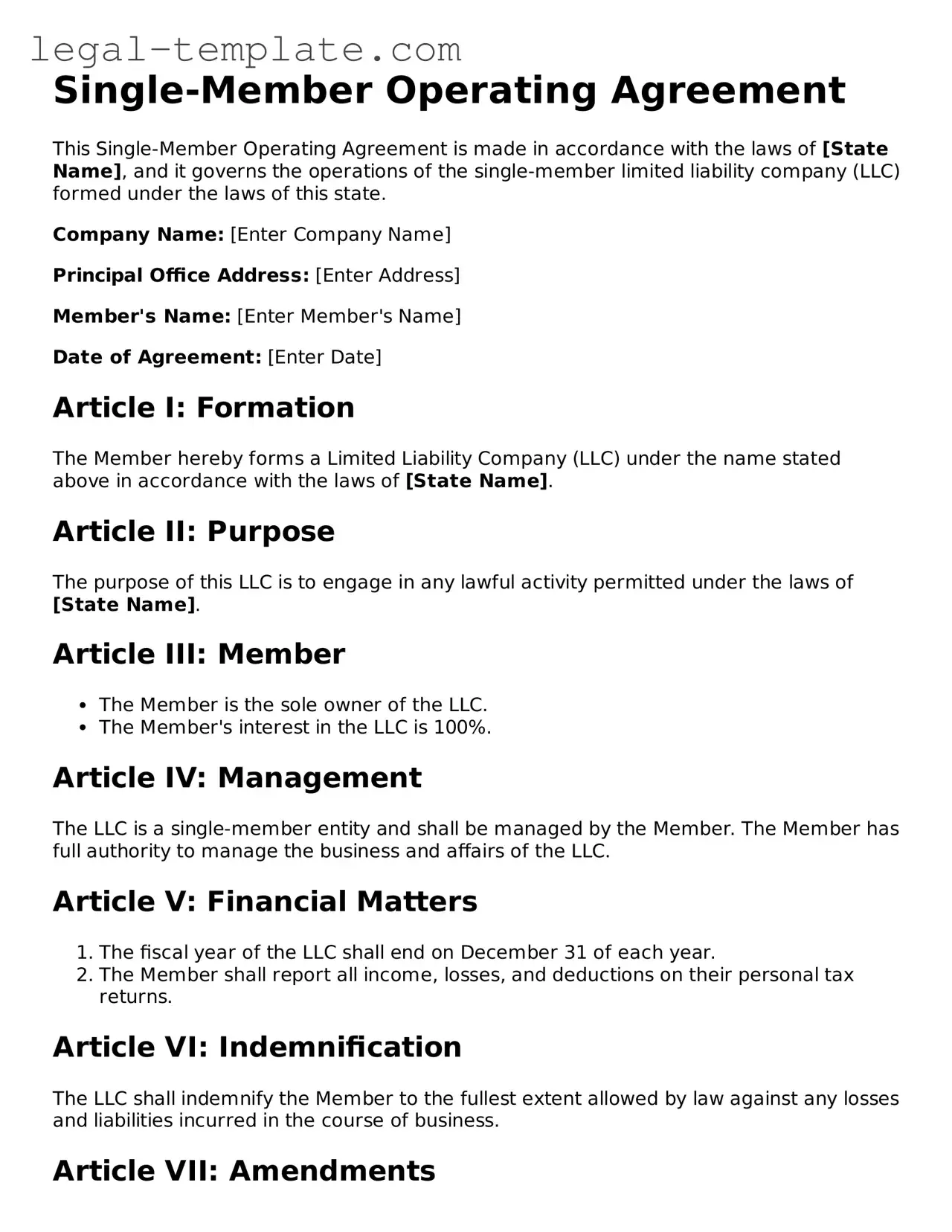 Printable Single-Member Operating Agreement Template