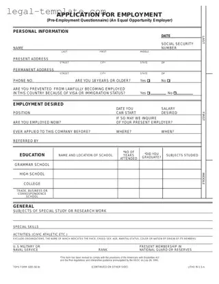 Free Employment Application Pdf Template in PDF