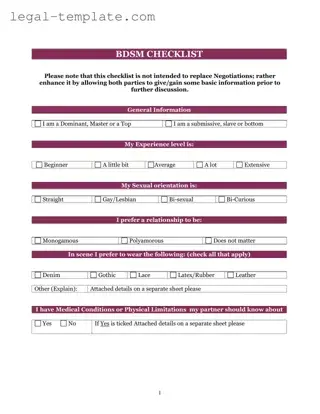 Free Bdsm Checklist Template in PDF
