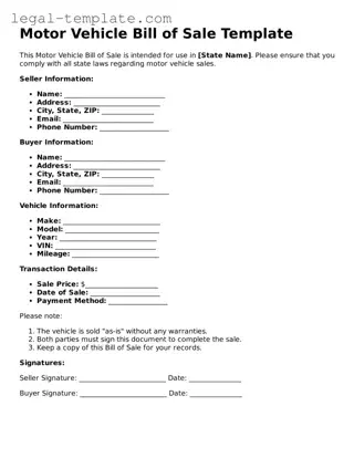 Printable Motor Vehicle Bill of Sale Template