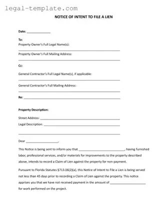 Free Intent To Lien Florida Template in PDF