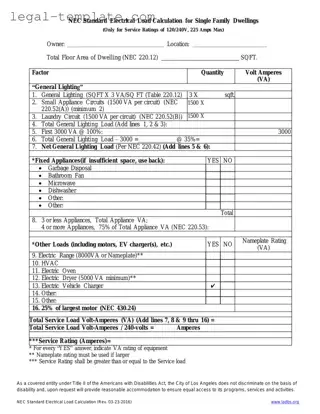 Free LADBS NEC Standard Electrical Load Calculation Template in PDF