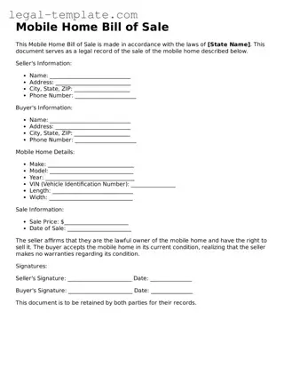 Printable Mobile Home Bill of Sale Template
