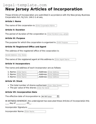 Articles of Incorporation Form for New Jersey State