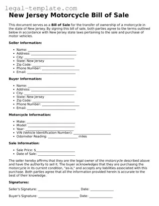 Motorcycle Bill of Sale Form for New Jersey State