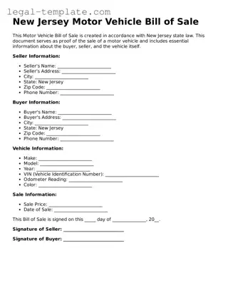 Motor Vehicle Bill of Sale Form for New Jersey State