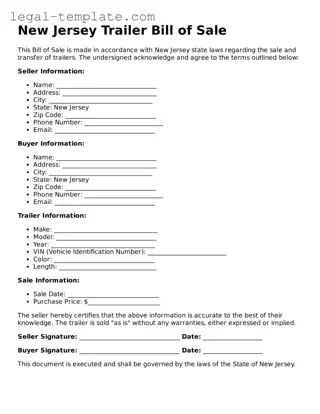 Trailer Bill of Sale Form for New Jersey State