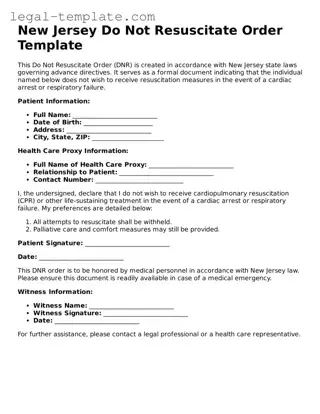 Do Not Resuscitate Order Form for New Jersey State