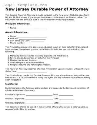 Durable Power of Attorney Form for New Jersey State