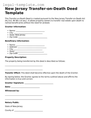 Transfer-on-Death Deed Form for New Jersey State