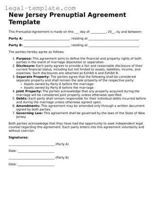 Prenuptial Agreement Form for New Jersey State