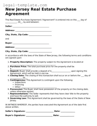 Real Estate Purchase Agreement Form for New Jersey State