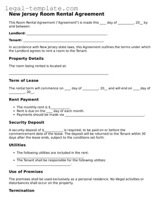 Room Rental Agreement Form for New Jersey State